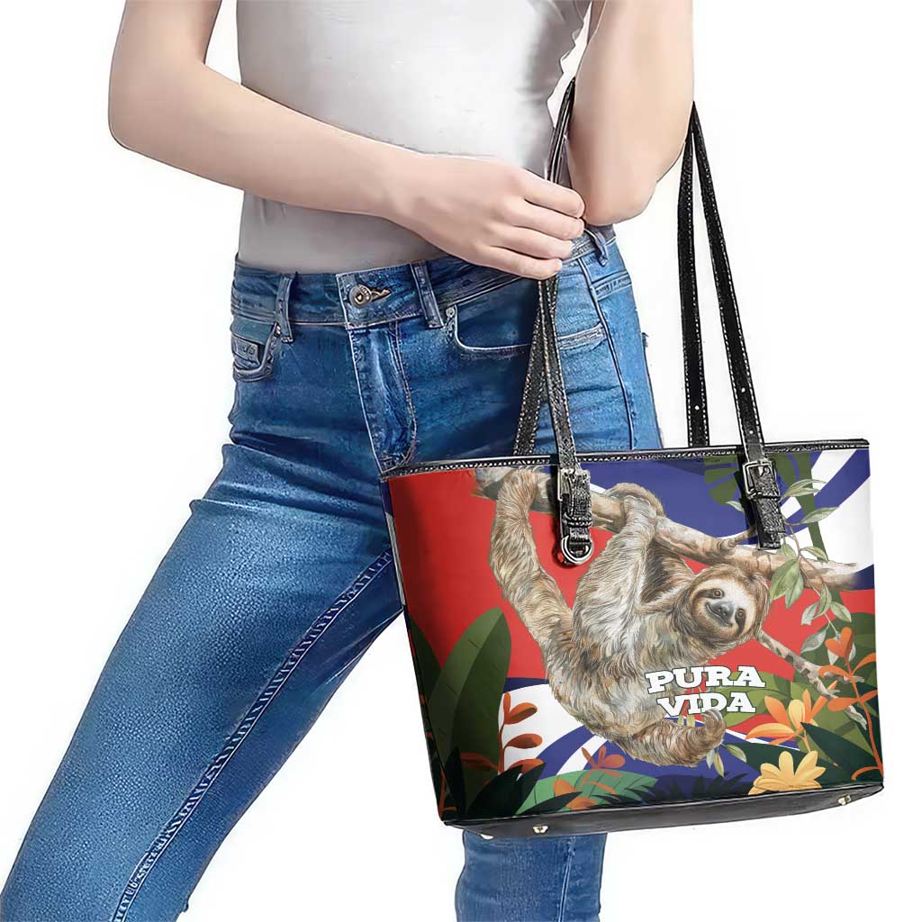 Pura Vida Costa Rica Sloth Leather Tote Bag Tropical Flowers Flag Color - Wonder Print Shop