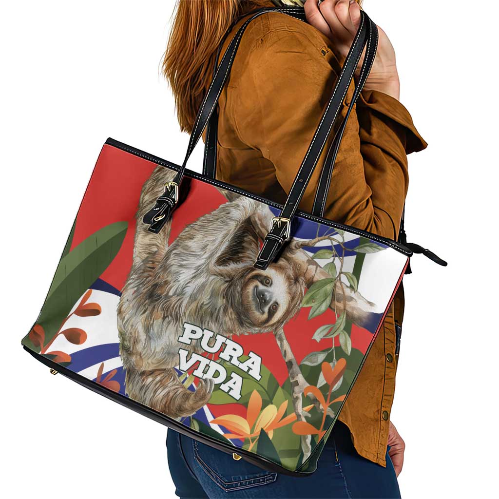 Pura Vida Costa Rica Sloth Leather Tote Bag Tropical Flowers Flag Color - Wonder Print Shop