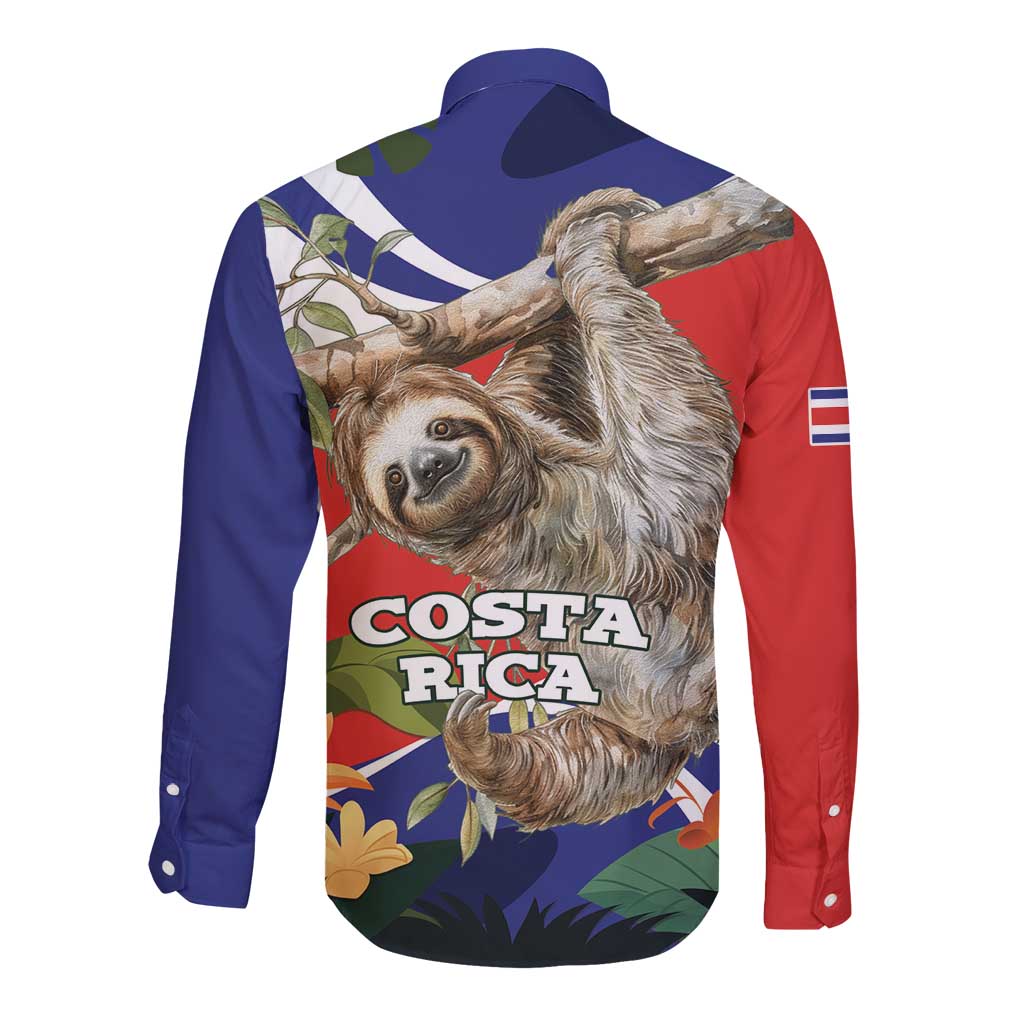 Pura Vida Costa Rica Sloth Long Sleeve Button Shirt Tropical Flowers Flag Color - Wonder Print Shop