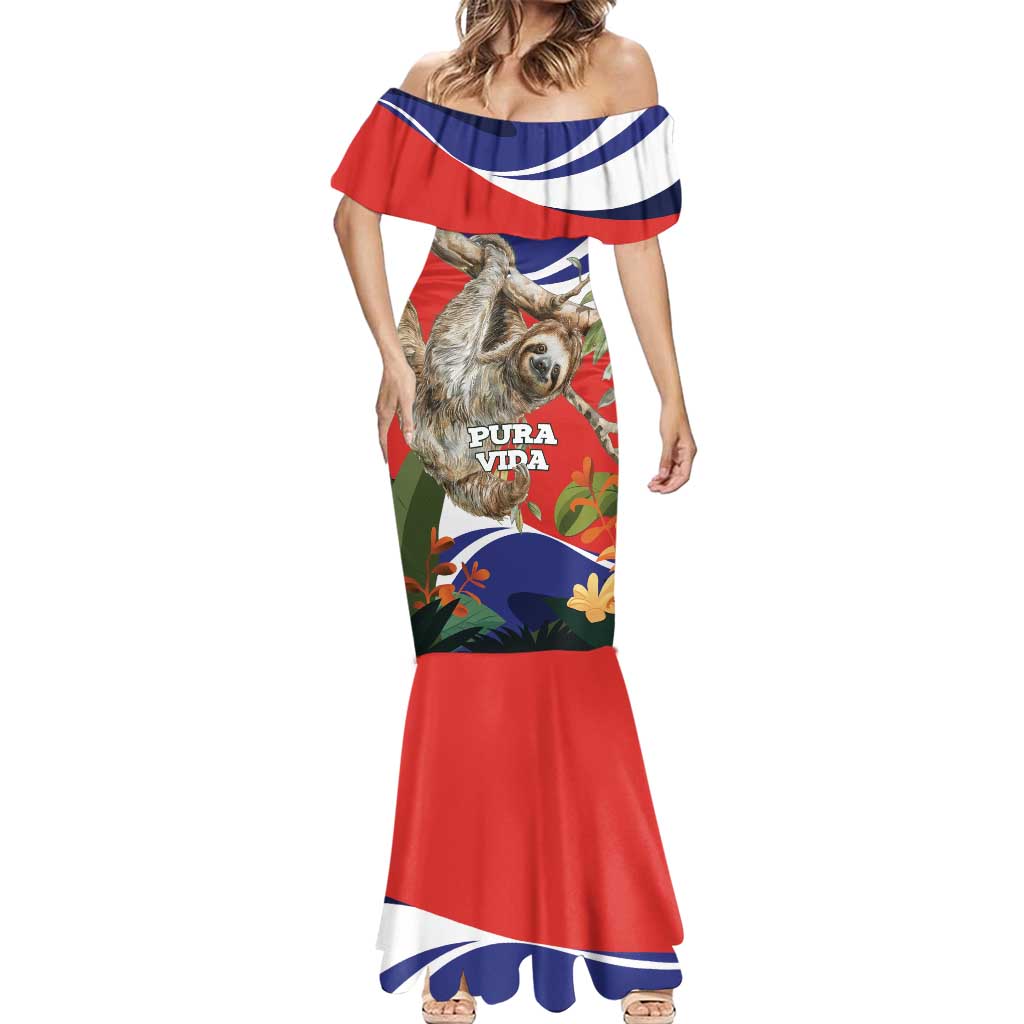 Pura Vida Costa Rica Sloth Mermaid Dress Tropical Flowers Flag Color - Wonder Print Shop