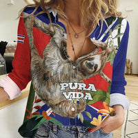 Pura Vida Costa Rica Sloth Women Casual Shirt Tropical Flowers Flag Color - Wonder Print Shop