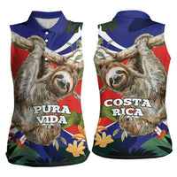 Pura Vida Costa Rica Sloth Women Sleeveless Polo Shirt Tropical Flowers Flag Color - Wonder Print Shop