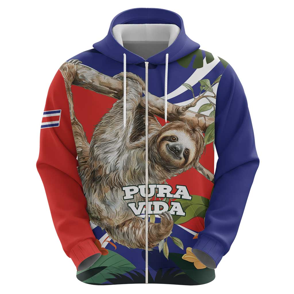 Pura Vida Costa Rica Sloth Zip Hoodie Tropical Flowers Flag Color - Wonder Print Shop