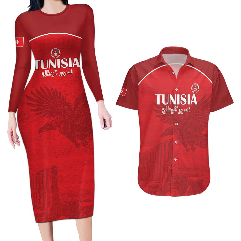 Custom Tunisia Football Couples Matching Long Sleeve Bodycon Dress and Hawaiian Shirt Red Eagles of Carthage - Wonder Print Shop