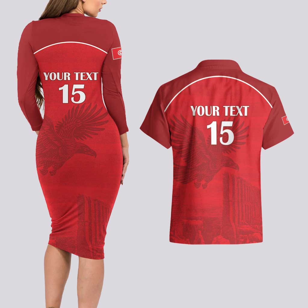 Custom Tunisia Football Couples Matching Long Sleeve Bodycon Dress and Hawaiian Shirt Red Eagles of Carthage - Wonder Print Shop