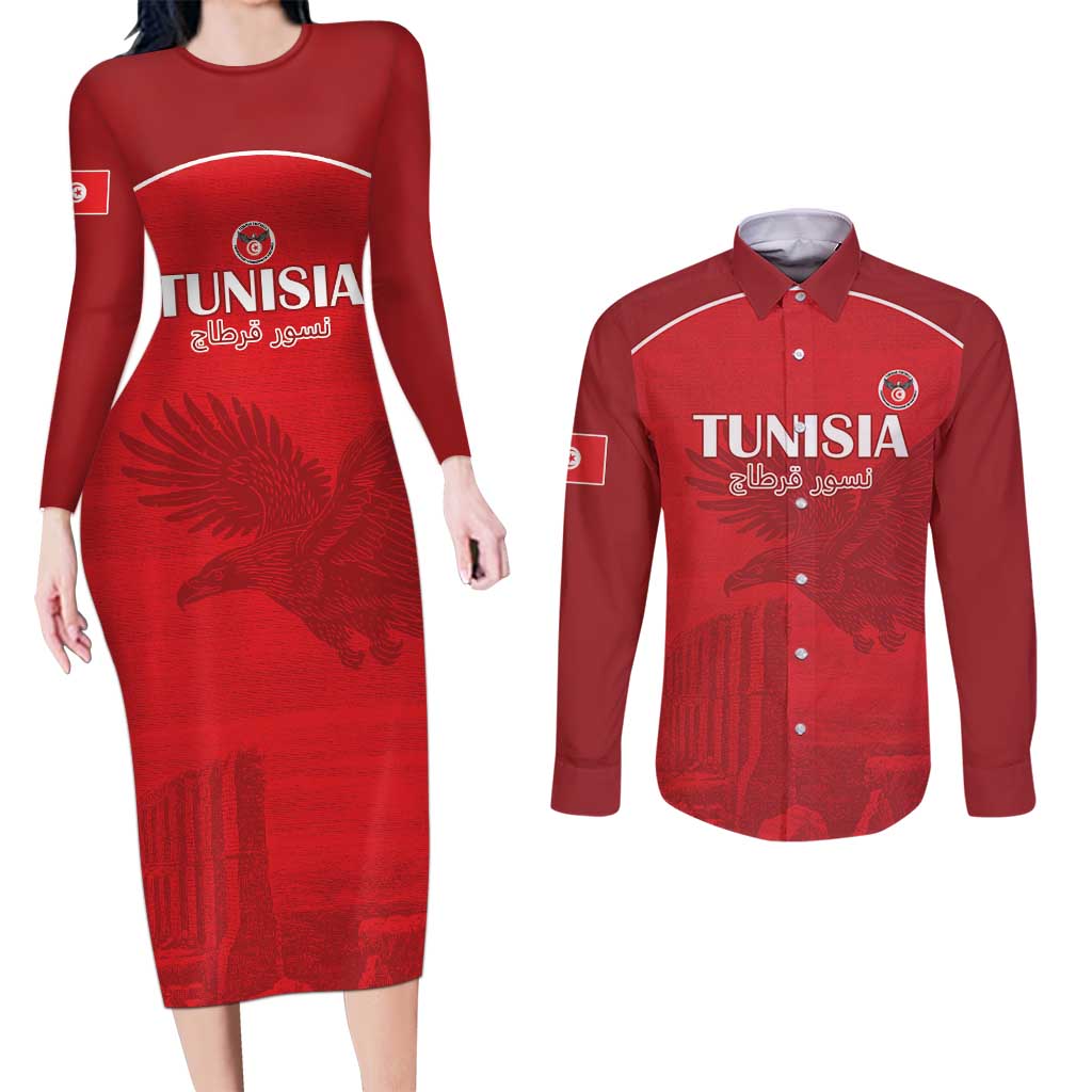 Custom Tunisia Football Couples Matching Long Sleeve Bodycon Dress and Long Sleeve Button Shirt Red Eagles of Carthage - Wonder Print Shop