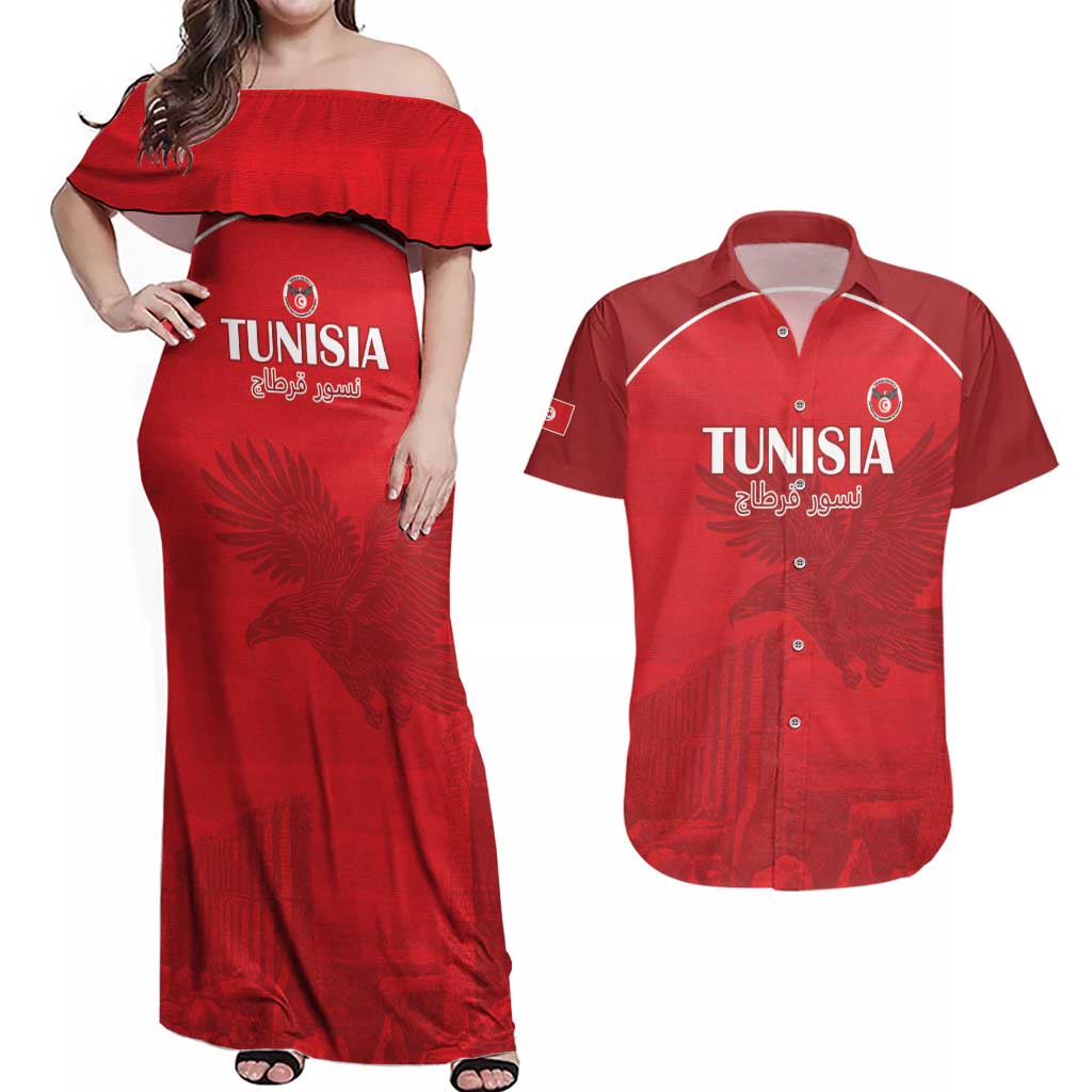 Custom Tunisia Football Couples Matching Off Shoulder Maxi Dress and Hawaiian Shirt Red Eagles of Carthage - Wonder Print Shop