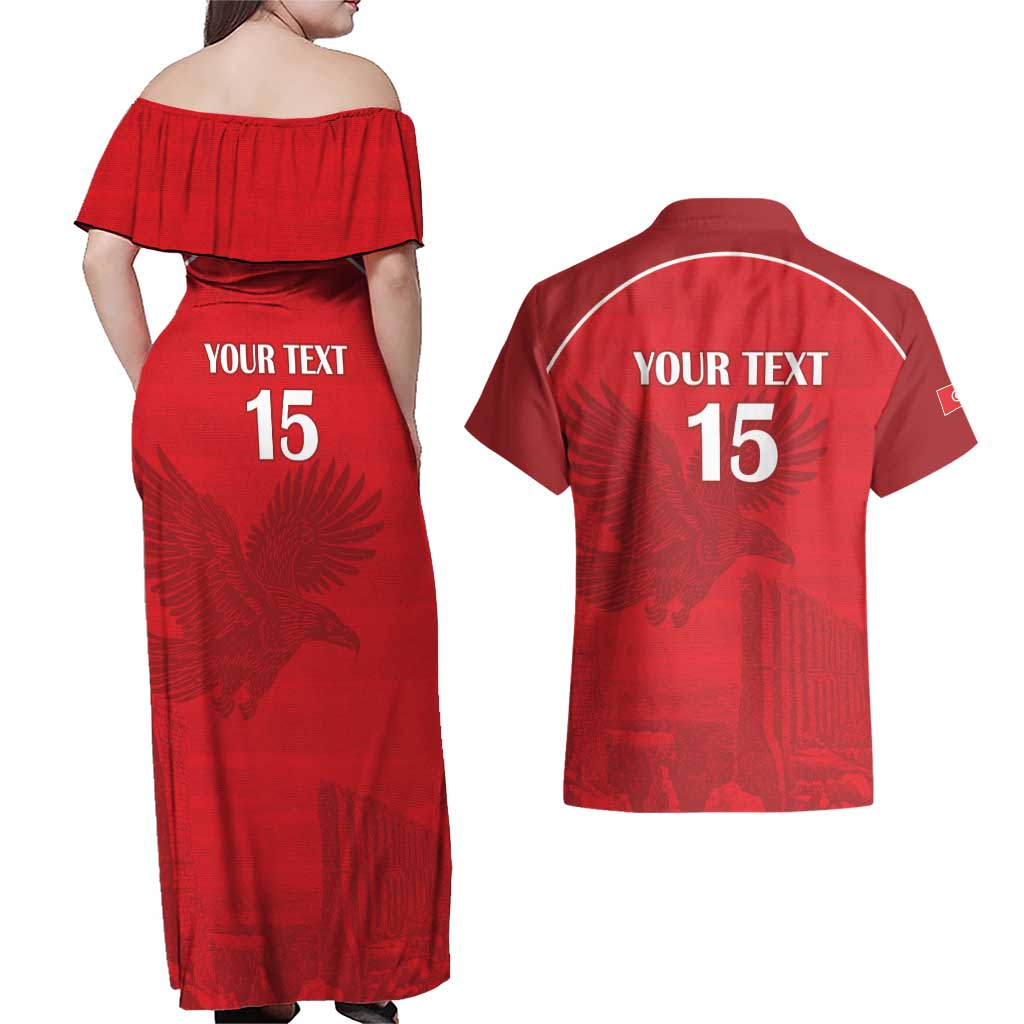 Custom Tunisia Football Couples Matching Off Shoulder Maxi Dress and Hawaiian Shirt Red Eagles of Carthage - Wonder Print Shop