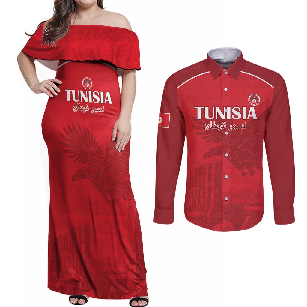 Custom Tunisia Football Couples Matching Off Shoulder Maxi Dress and Long Sleeve Button Shirt Red Eagles of Carthage - Wonder Print Shop
