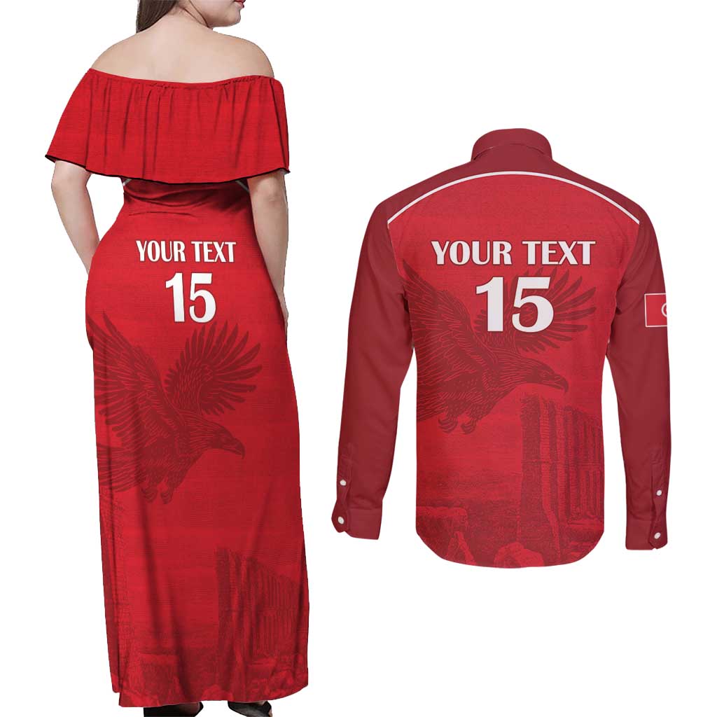 Custom Tunisia Football Couples Matching Off Shoulder Maxi Dress and Long Sleeve Button Shirt Red Eagles of Carthage - Wonder Print Shop
