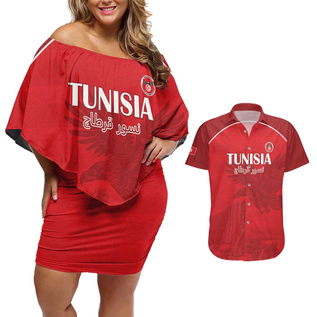 Custom Tunisia Football Couples Matching Off Shoulder Short Dress and Hawaiian Shirt Red Eagles of Carthage - Wonder Print Shop
