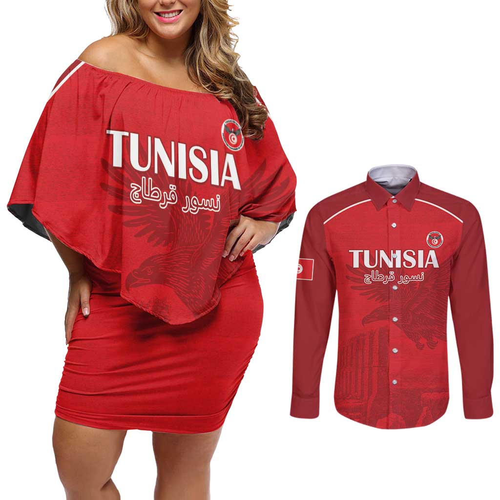 Custom Tunisia Football Couples Matching Off Shoulder Short Dress and Long Sleeve Button Shirt Red Eagles of Carthage - Wonder Print Shop