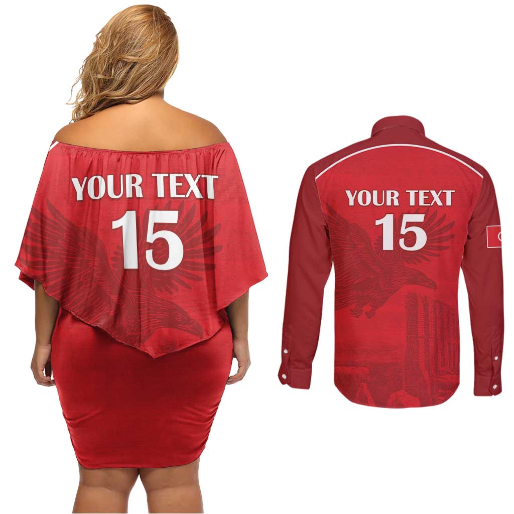 Custom Tunisia Football Couples Matching Off Shoulder Short Dress and Long Sleeve Button Shirt Red Eagles of Carthage - Wonder Print Shop