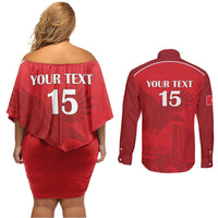 Custom Tunisia Football Couples Matching Off Shoulder Short Dress and Long Sleeve Button Shirt Red Eagles of Carthage - Wonder Print Shop
