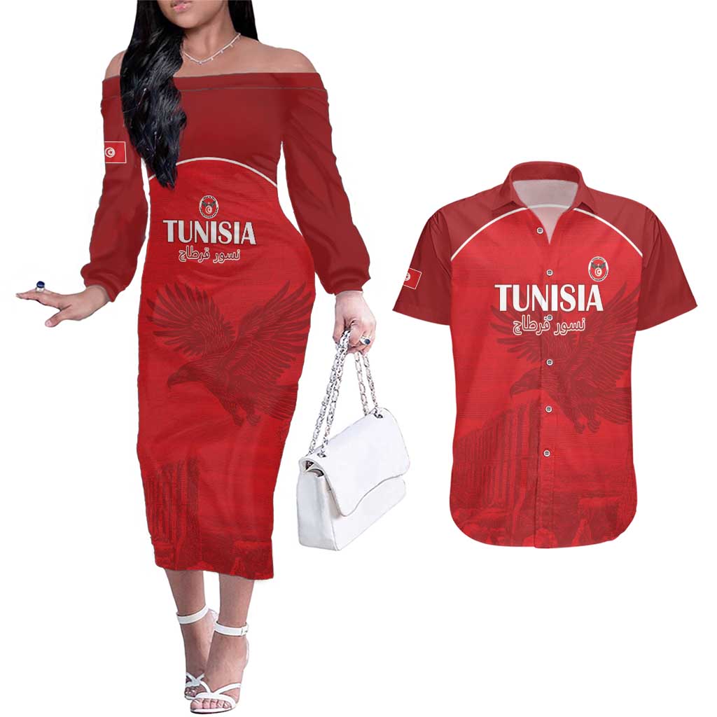 Custom Tunisia Football Couples Matching Off The Shoulder Long Sleeve Dress and Hawaiian Shirt Red Eagles of Carthage - Wonder Print Shop