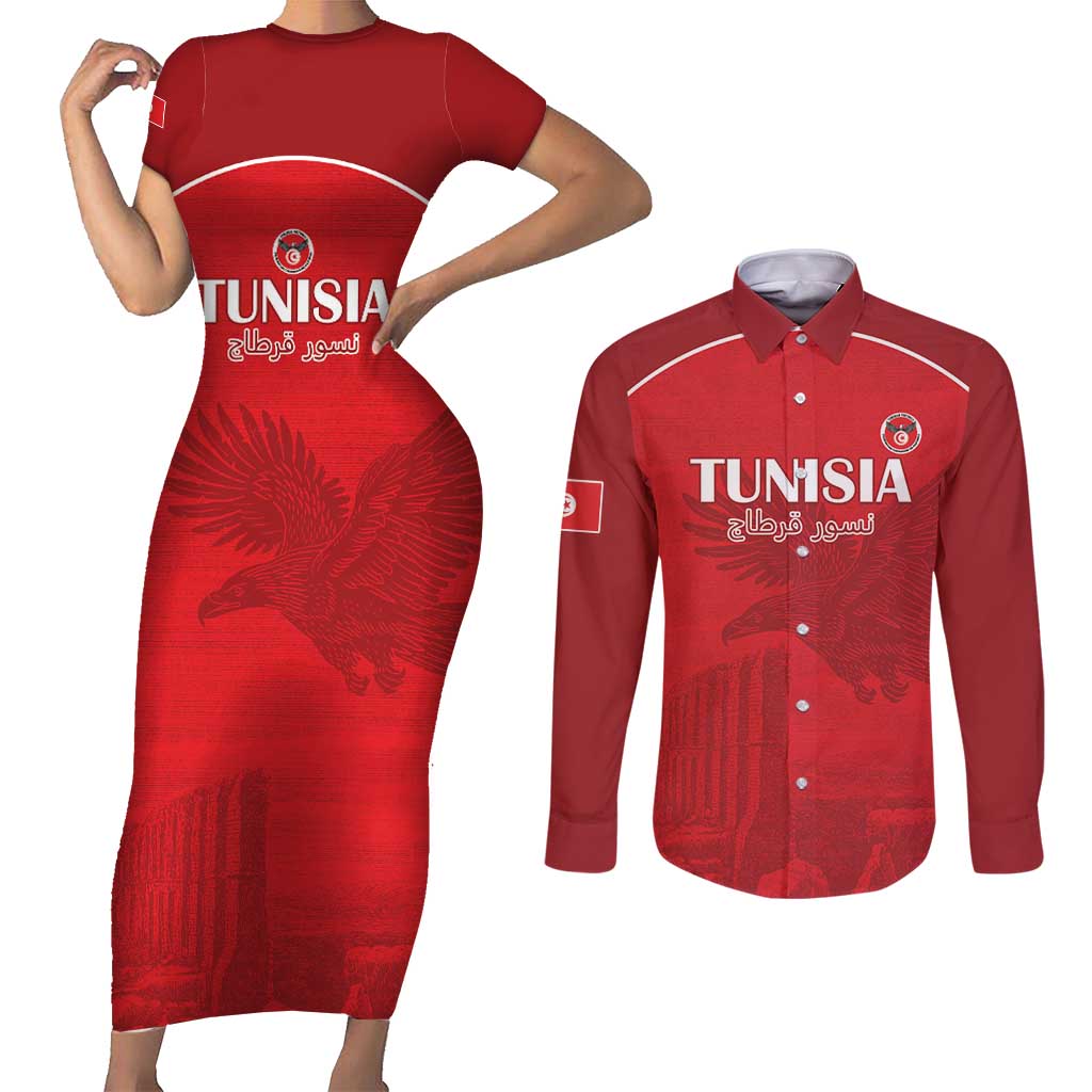 Custom Tunisia Football Couples Matching Short Sleeve Bodycon Dress and Long Sleeve Button Shirt Red Eagles of Carthage - Wonder Print Shop