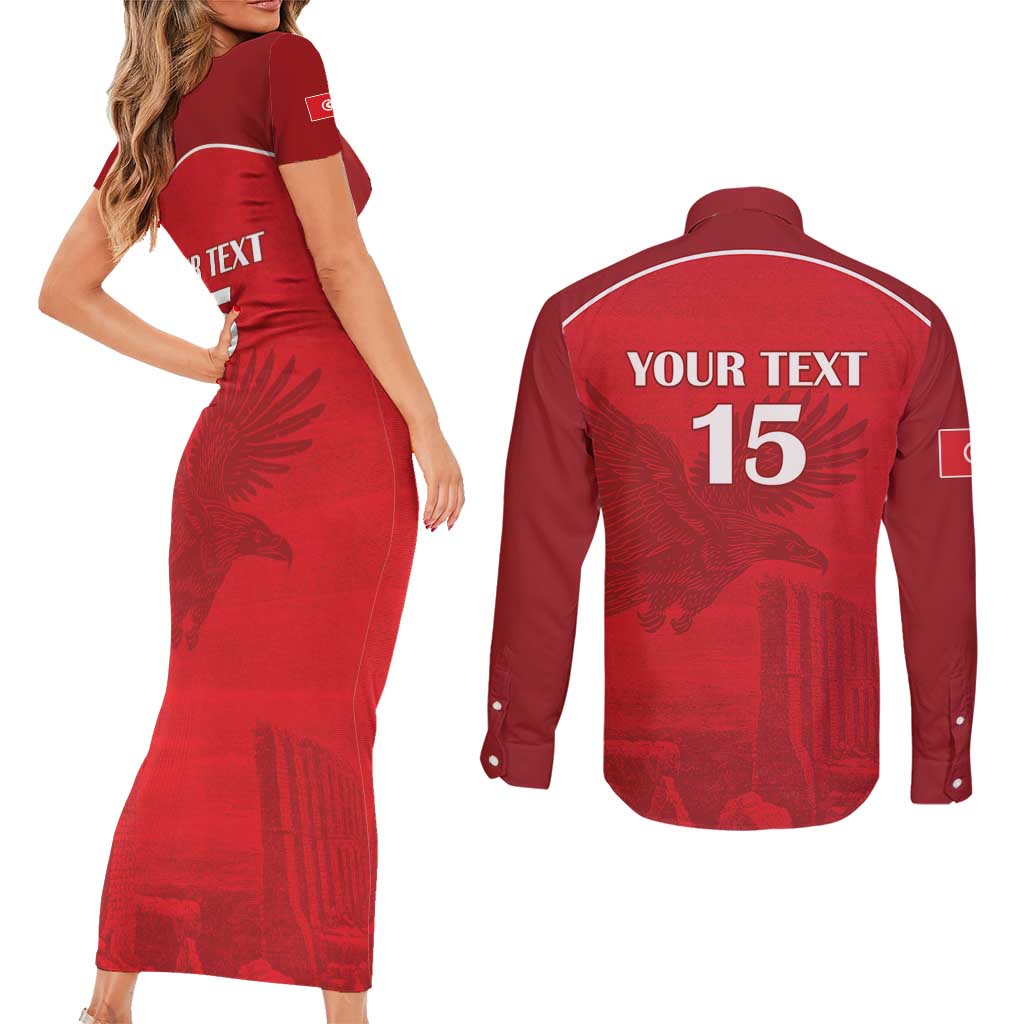 Custom Tunisia Football Couples Matching Short Sleeve Bodycon Dress and Long Sleeve Button Shirt Red Eagles of Carthage - Wonder Print Shop