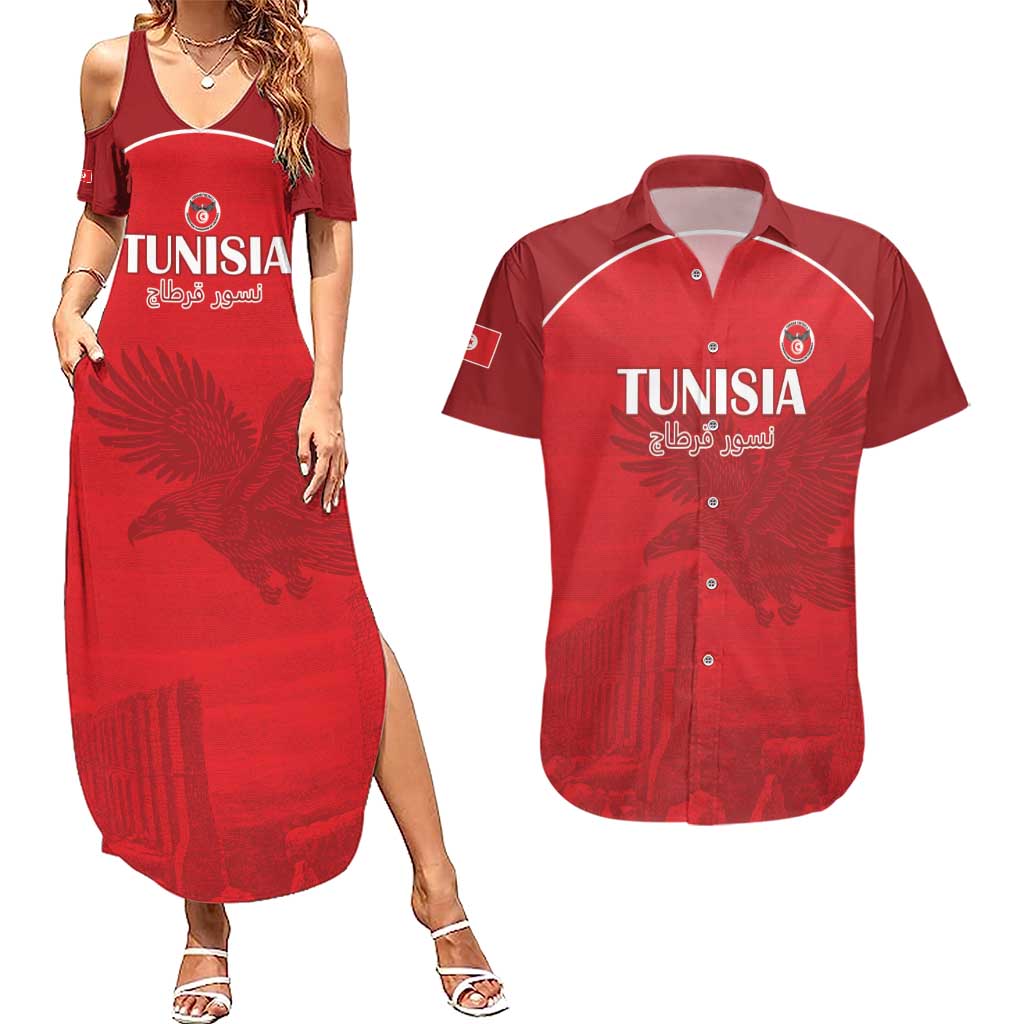 Custom Tunisia Football Couples Matching Summer Maxi Dress and Hawaiian Shirt Red Eagles of Carthage - Wonder Print Shop