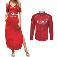 Custom Tunisia Football Couples Matching Summer Maxi Dress and Long Sleeve Button Shirt Red Eagles of Carthage - Wonder Print Shop