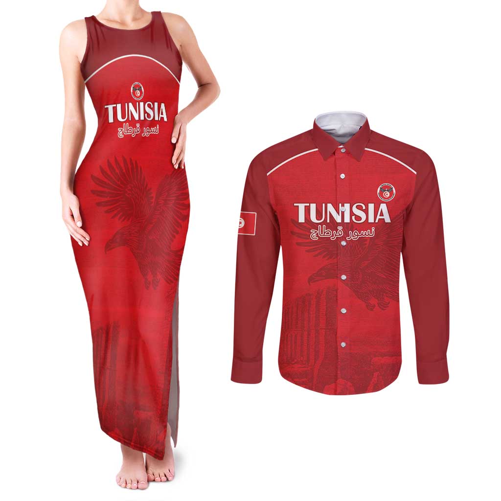 Custom Tunisia Football Couples Matching Tank Maxi Dress and Long Sleeve Button Shirt Red Eagles of Carthage - Wonder Print Shop