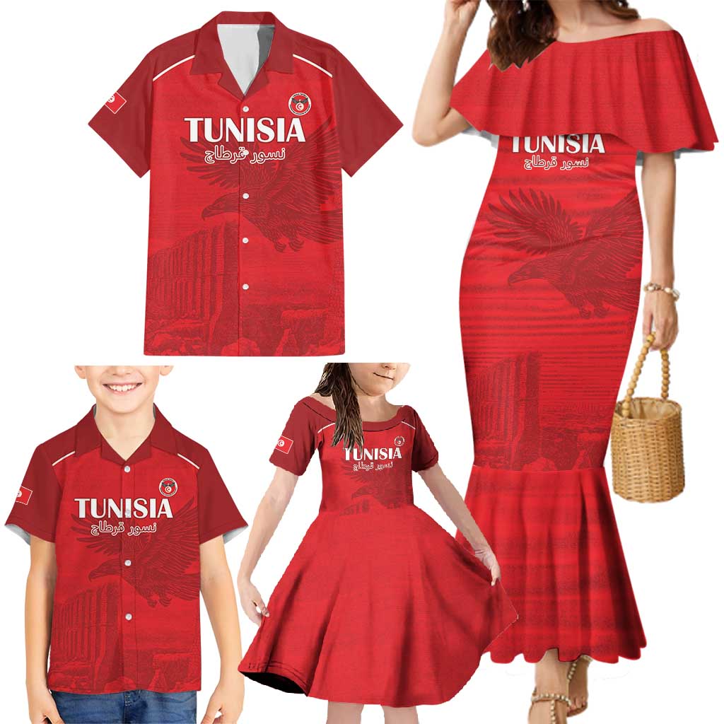 Custom Tunisia Football Family Matching Mermaid Dress and Hawaiian Shirt Red Eagles of Carthage - Wonder Print Shop