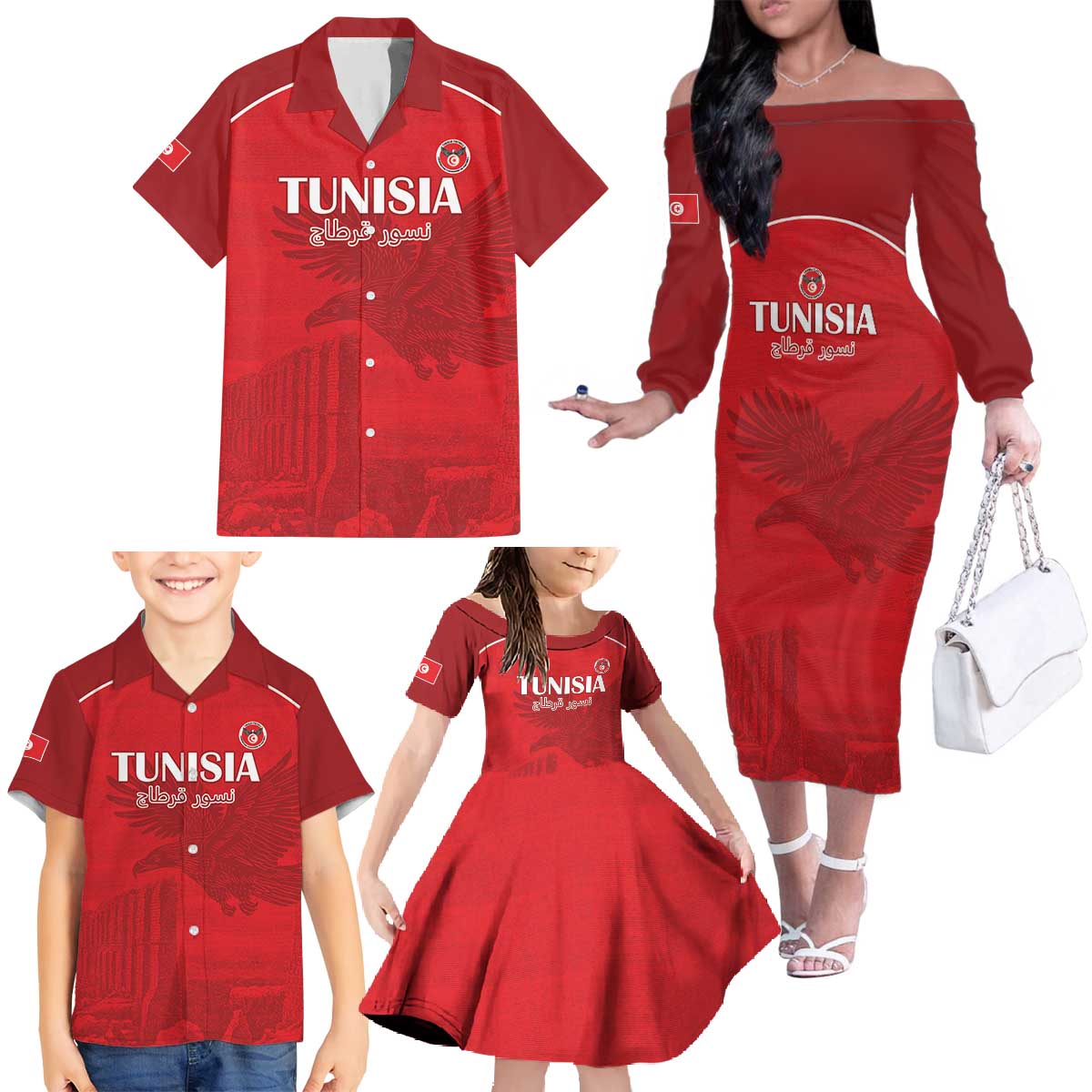 Custom Tunisia Football Family Matching Off The Shoulder Long Sleeve Dress and Hawaiian Shirt Red Eagles of Carthage - Wonder Print Shop