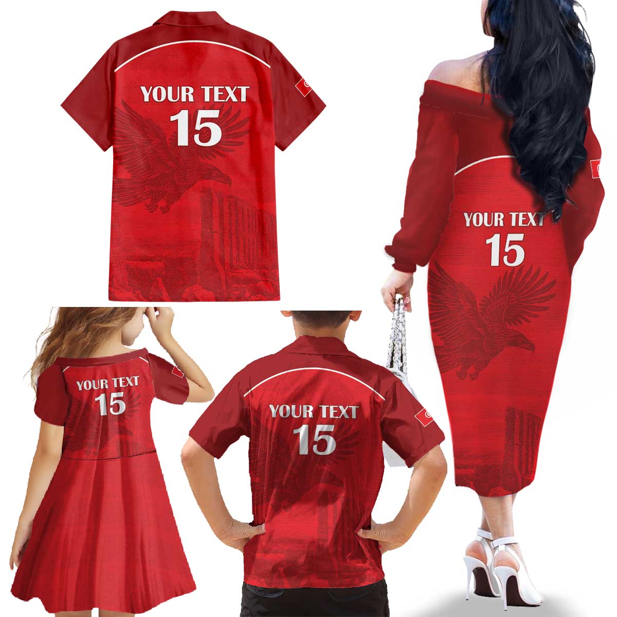 Custom Tunisia Football Family Matching Off The Shoulder Long Sleeve Dress and Hawaiian Shirt Red Eagles of Carthage - Wonder Print Shop