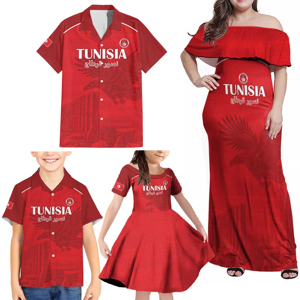 Custom Tunisia Football Family Matching Off Shoulder Maxi Dress and Hawaiian Shirt Red Eagles of Carthage - Wonder Print Shop