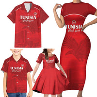 Custom Tunisia Football Family Matching Short Sleeve Bodycon Dress and Hawaiian Shirt Red Eagles of Carthage - Wonder Print Shop