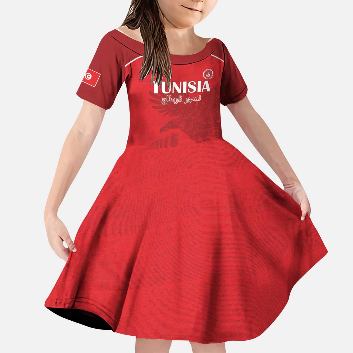 Custom Tunisia Football Kid Short Sleeve Dress Red Eagles of Carthage - Wonder Print Shop