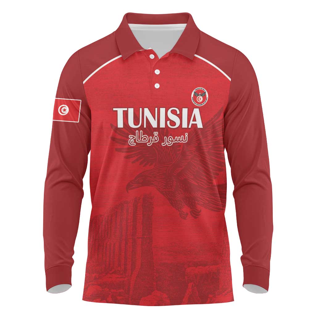 Custom Tunisia Football Long Sleeve Polo Shirt Red Eagles of Carthage - Wonder Print Shop