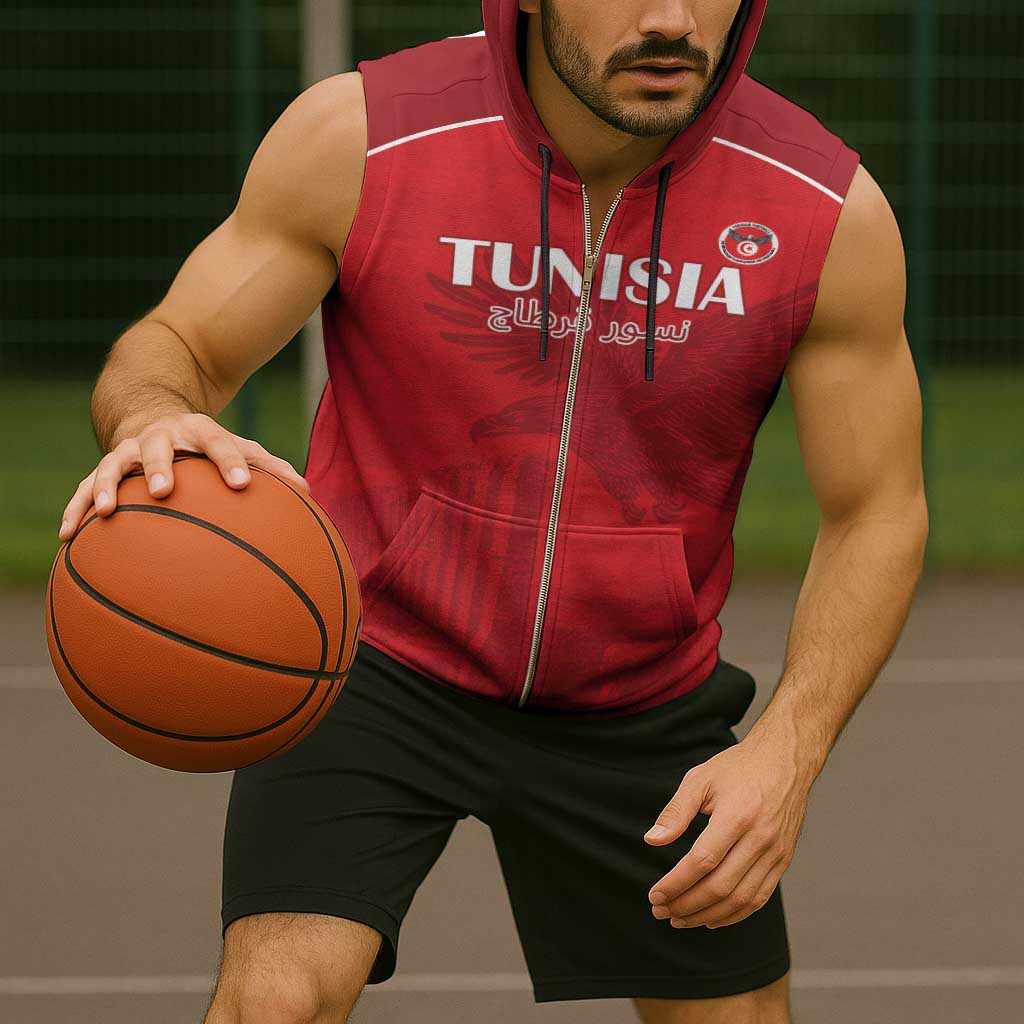 Custom Tunisia Football Sleeveless Zip Hoodie Red Eagles of Carthage - Wonder Print Shop