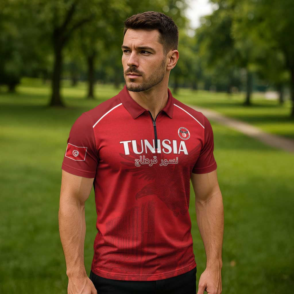Custom Tunisia Football Zipper Polo Shirt Red Eagles of Carthage - Wonder Print Shop