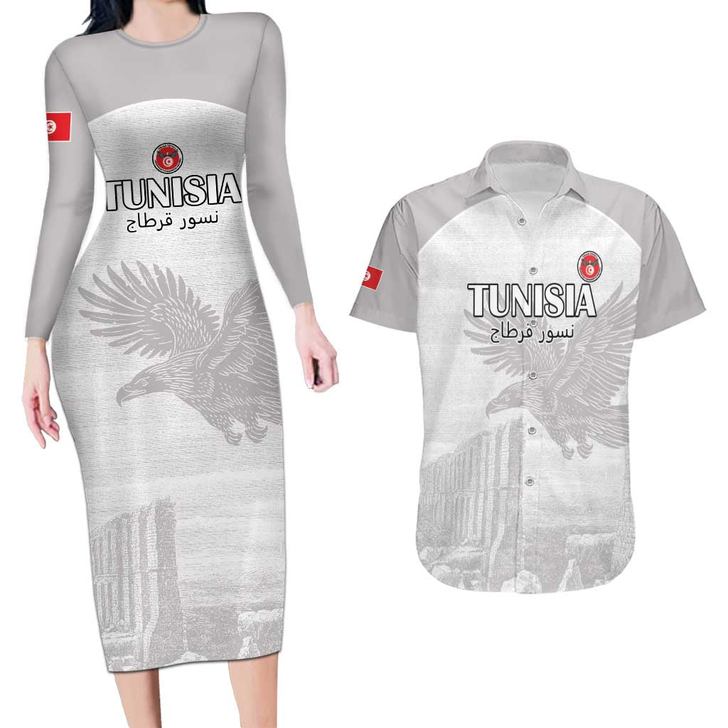 Custom Tunisia Football Couples Matching Long Sleeve Bodycon Dress and Hawaiian Shirt White Eagles of Carthage - Wonder Print Shop