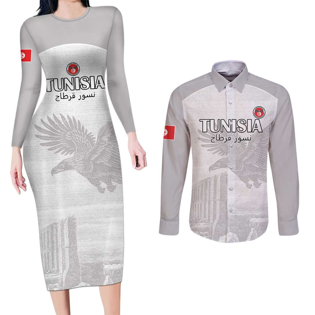Custom Tunisia Football Couples Matching Long Sleeve Bodycon Dress and Long Sleeve Button Shirt White Eagles of Carthage - Wonder Print Shop