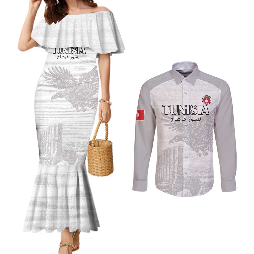 Custom Tunisia Football Couples Matching Mermaid Dress and Long Sleeve Button Shirt White Eagles of Carthage - Wonder Print Shop