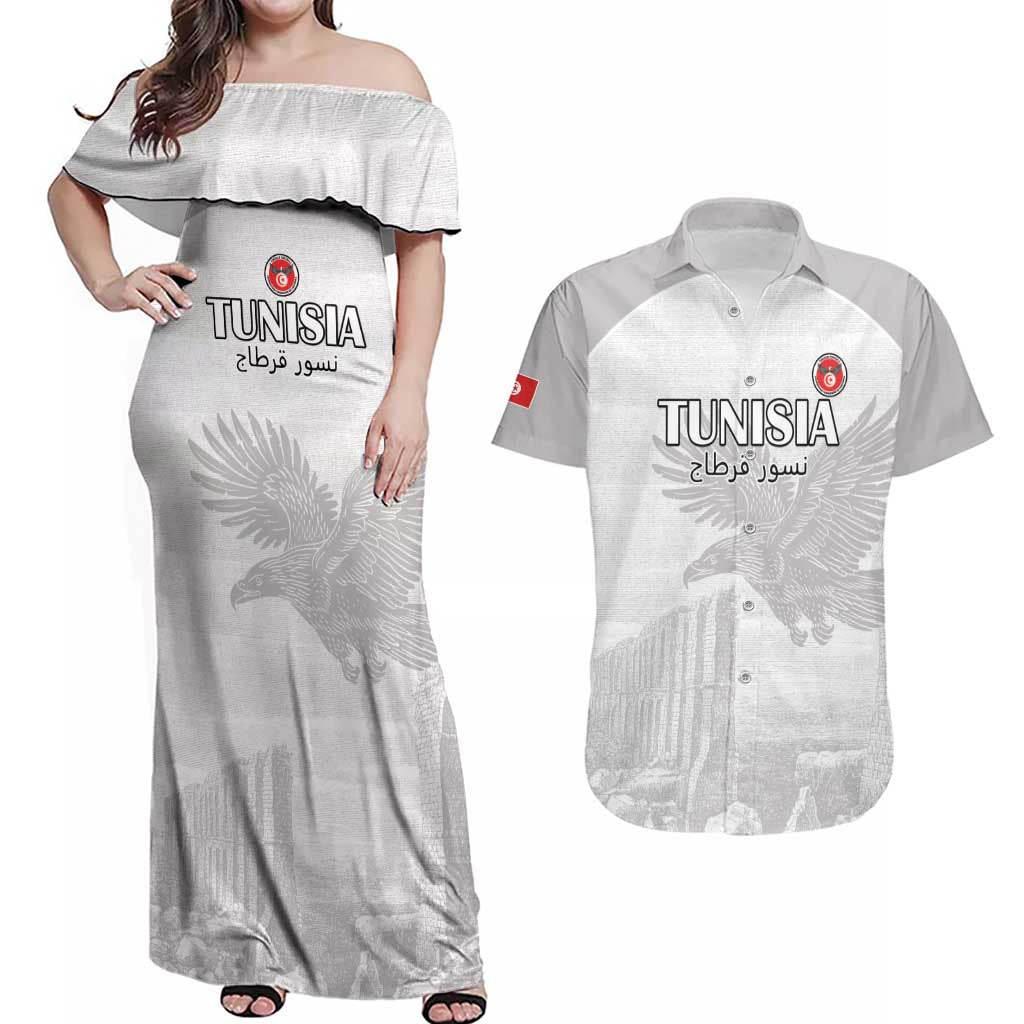 Custom Tunisia Football Couples Matching Off Shoulder Maxi Dress and Hawaiian Shirt White Eagles of Carthage - Wonder Print Shop
