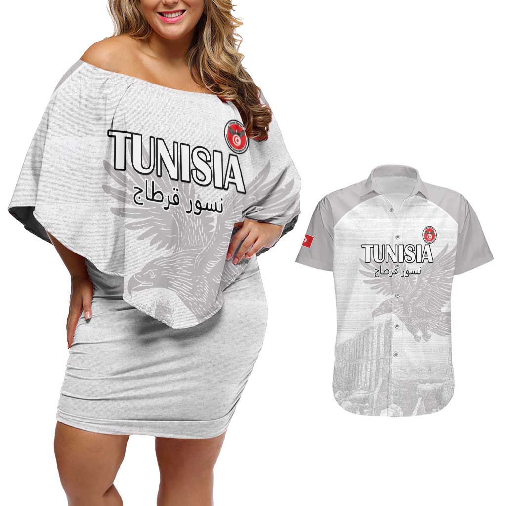 Custom Tunisia Football Couples Matching Off Shoulder Short Dress and Hawaiian Shirt White Eagles of Carthage - Wonder Print Shop