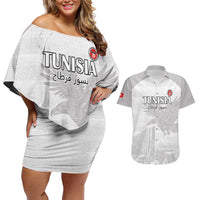 Custom Tunisia Football Couples Matching Off Shoulder Short Dress and Hawaiian Shirt White Eagles of Carthage - Wonder Print Shop