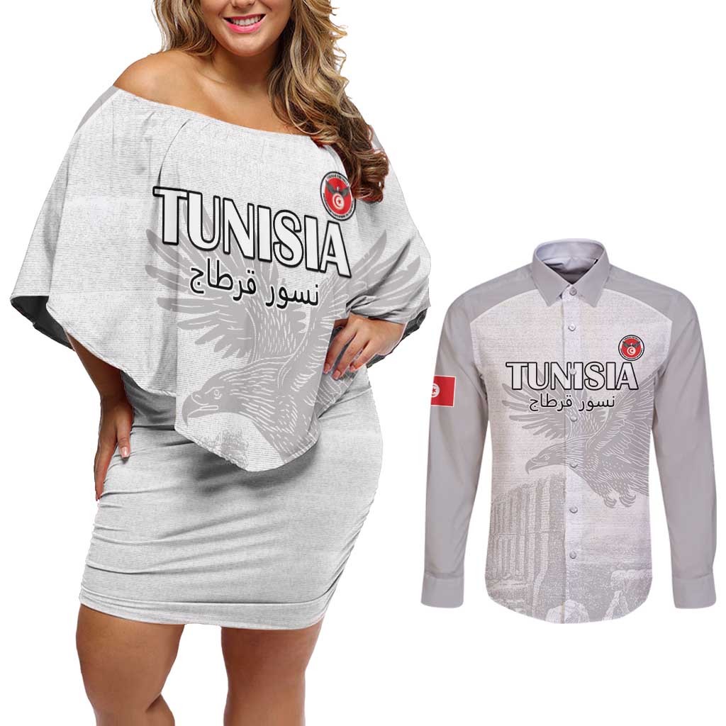 Custom Tunisia Football Couples Matching Off Shoulder Short Dress and Long Sleeve Button Shirt White Eagles of Carthage - Wonder Print Shop