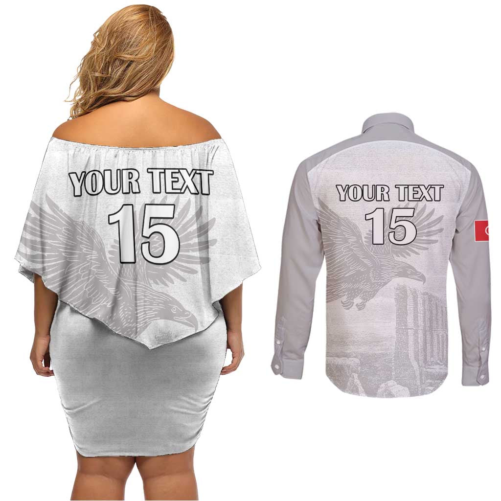 Custom Tunisia Football Couples Matching Off Shoulder Short Dress and Long Sleeve Button Shirt White Eagles of Carthage - Wonder Print Shop