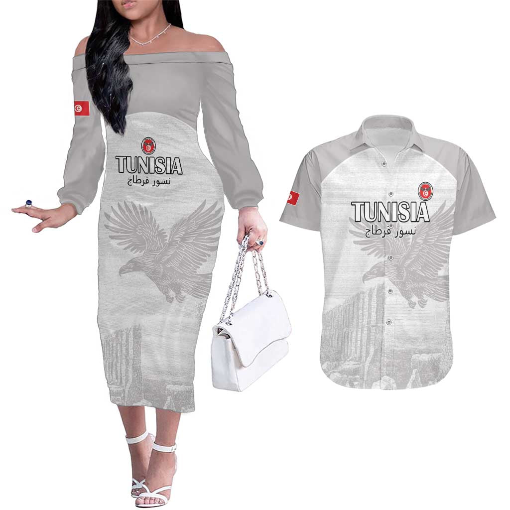 Custom Tunisia Football Couples Matching Off The Shoulder Long Sleeve Dress and Hawaiian Shirt White Eagles of Carthage - Wonder Print Shop