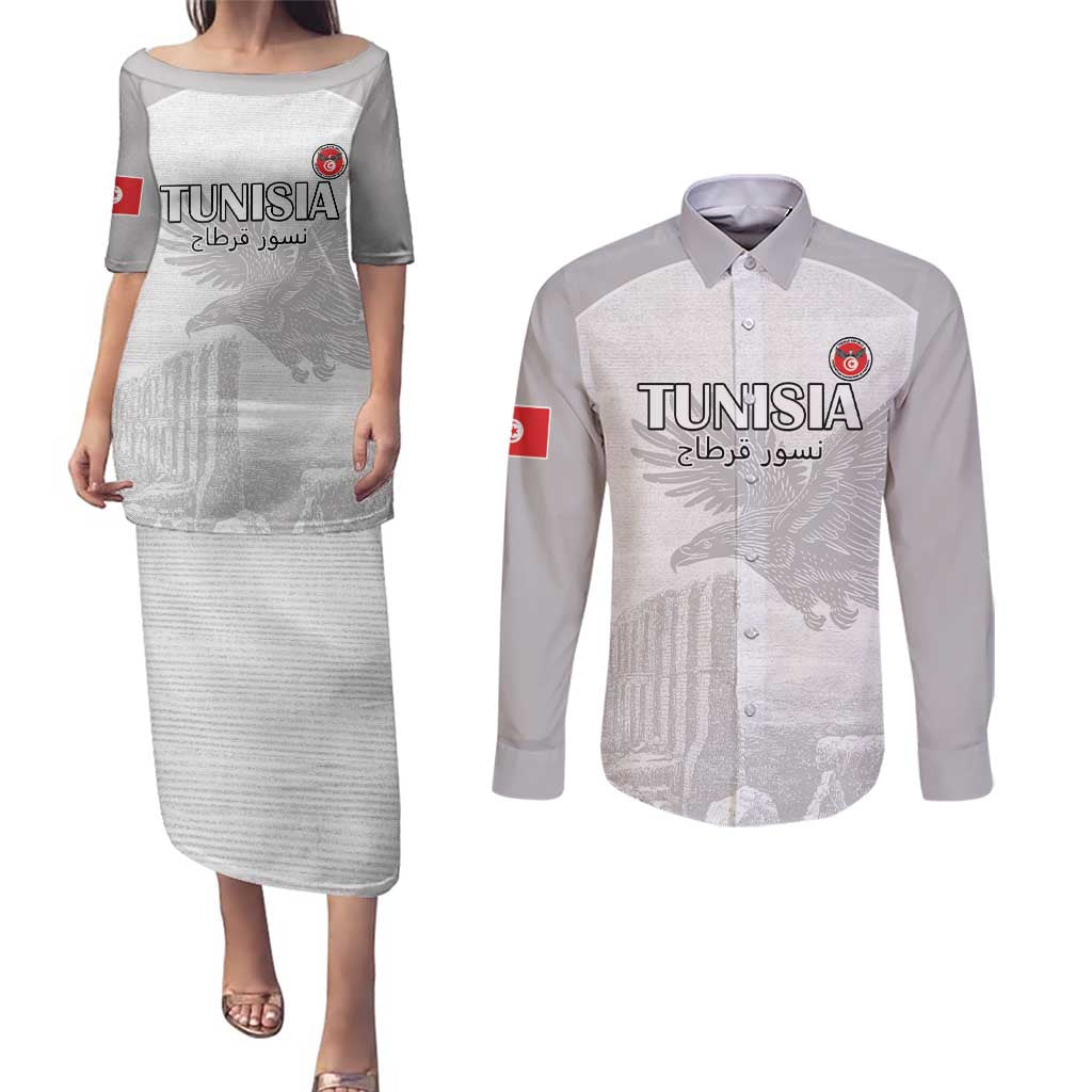 Custom Tunisia Football Couples Matching Puletasi and Long Sleeve Button Shirt White Eagles of Carthage - Wonder Print Shop