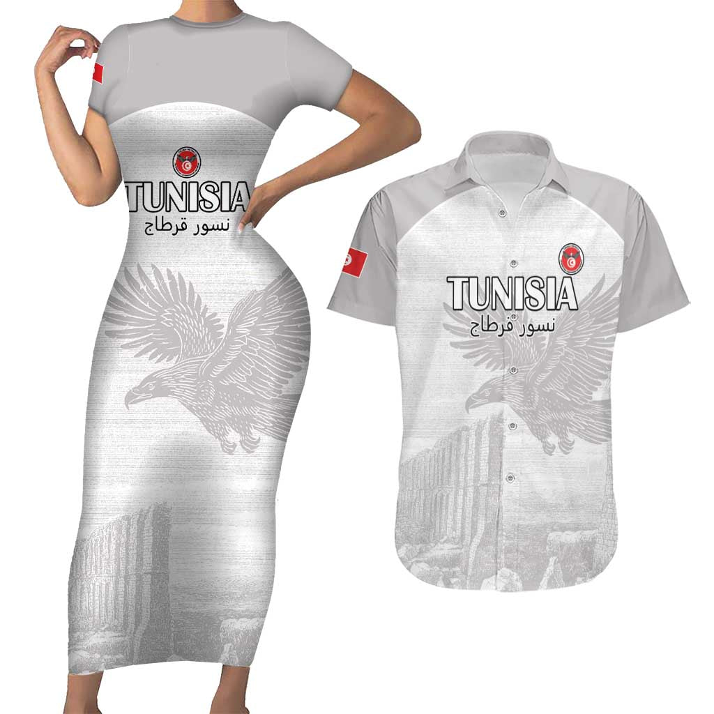 Custom Tunisia Football Couples Matching Short Sleeve Bodycon Dress and Hawaiian Shirt White Eagles of Carthage - Wonder Print Shop