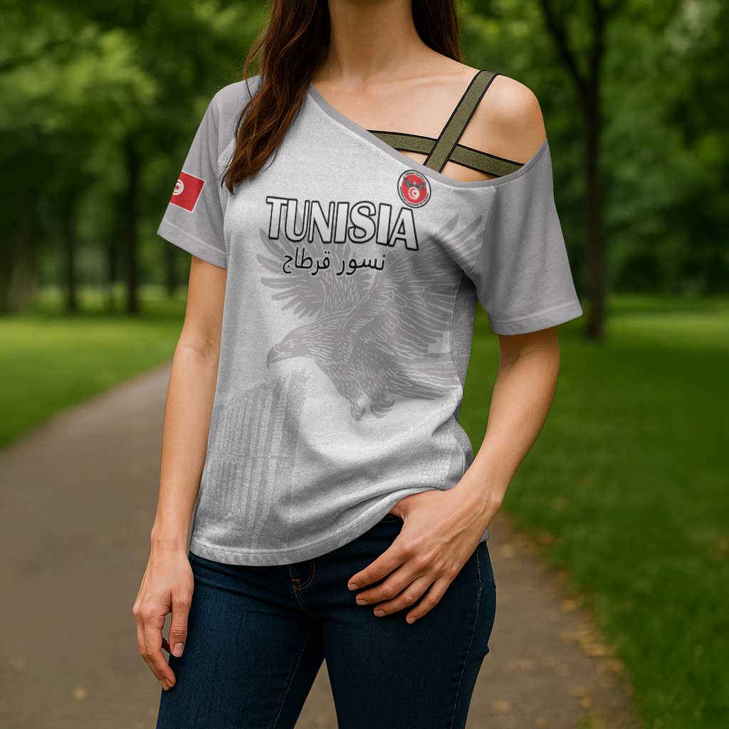 Custom Tunisia Football Cross Shoulder Shirt White Eagles of Carthage - Wonder Print Shop