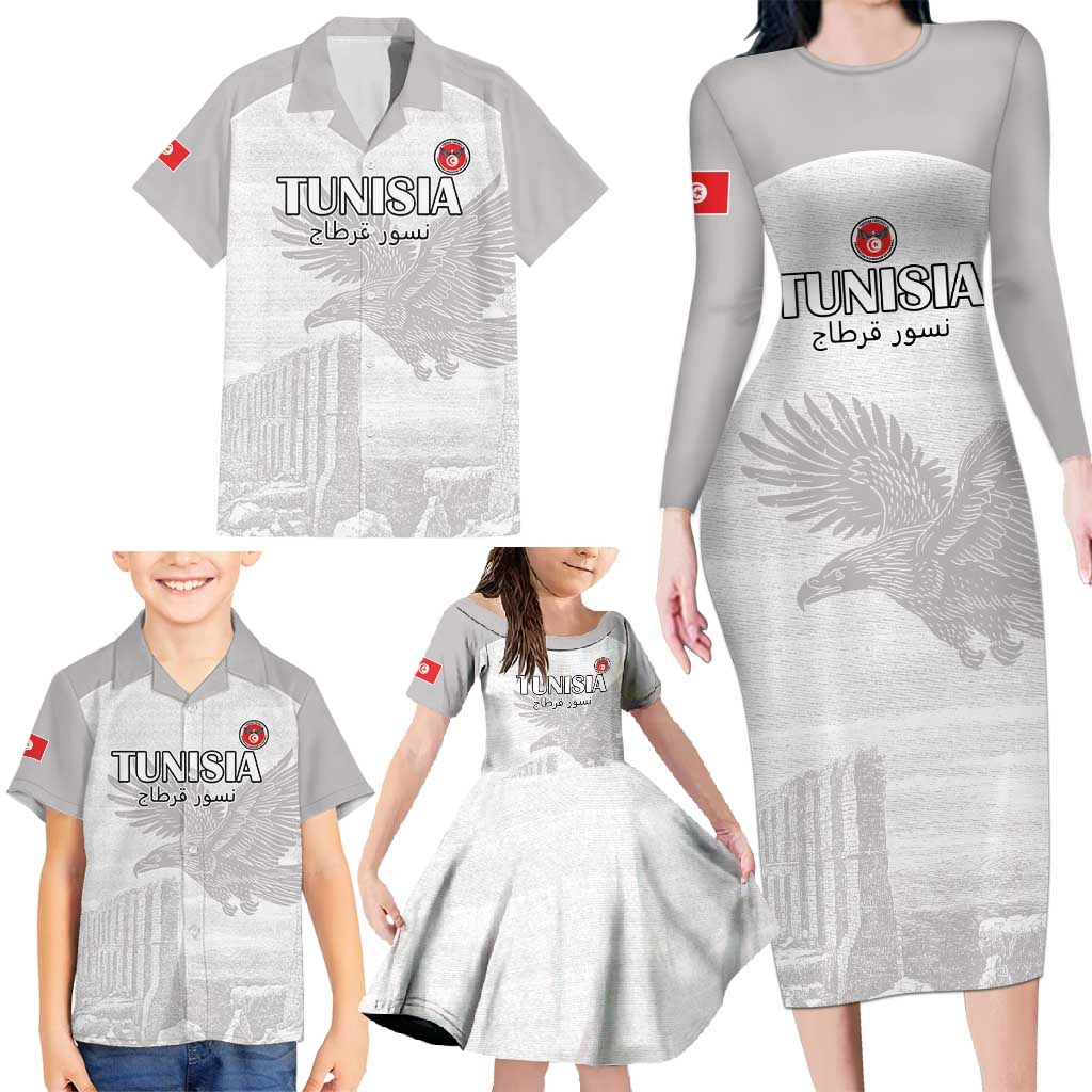 Custom Tunisia Football Family Matching Long Sleeve Bodycon Dress and Hawaiian Shirt White Eagles of Carthage - Wonder Print Shop