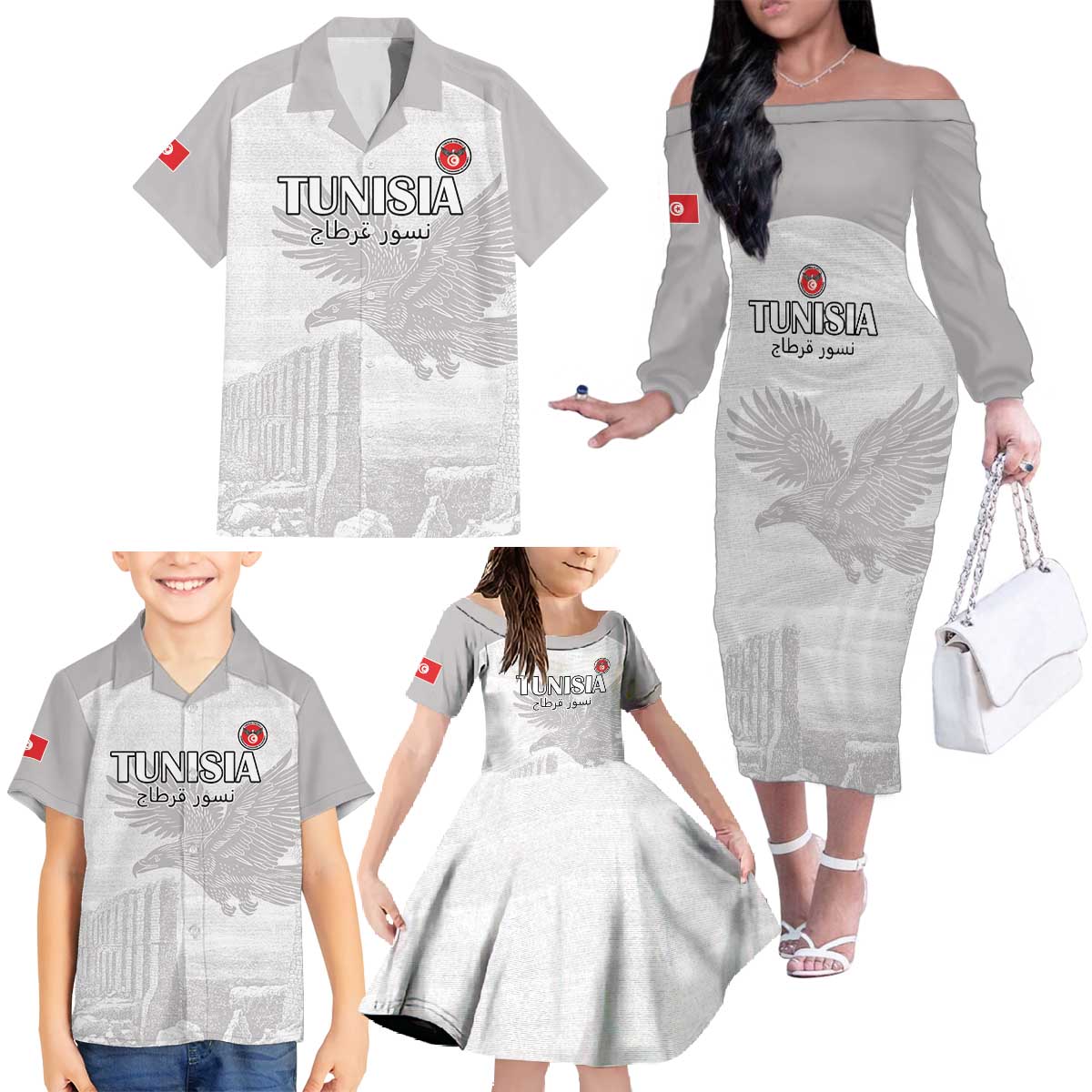 Custom Tunisia Football Family Matching Off The Shoulder Long Sleeve Dress and Hawaiian Shirt White Eagles of Carthage - Wonder Print Shop
