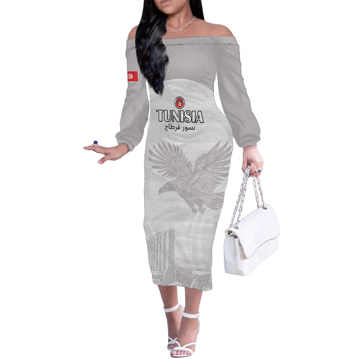 Custom Tunisia Football Family Matching Off The Shoulder Long Sleeve Dress and Hawaiian Shirt White Eagles of Carthage - Wonder Print Shop