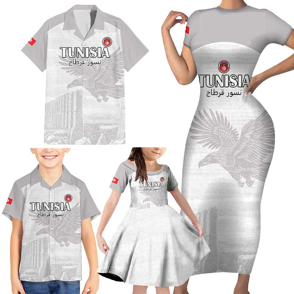 Custom Tunisia Football Family Matching Short Sleeve Bodycon Dress and Hawaiian Shirt White Eagles of Carthage - Wonder Print Shop