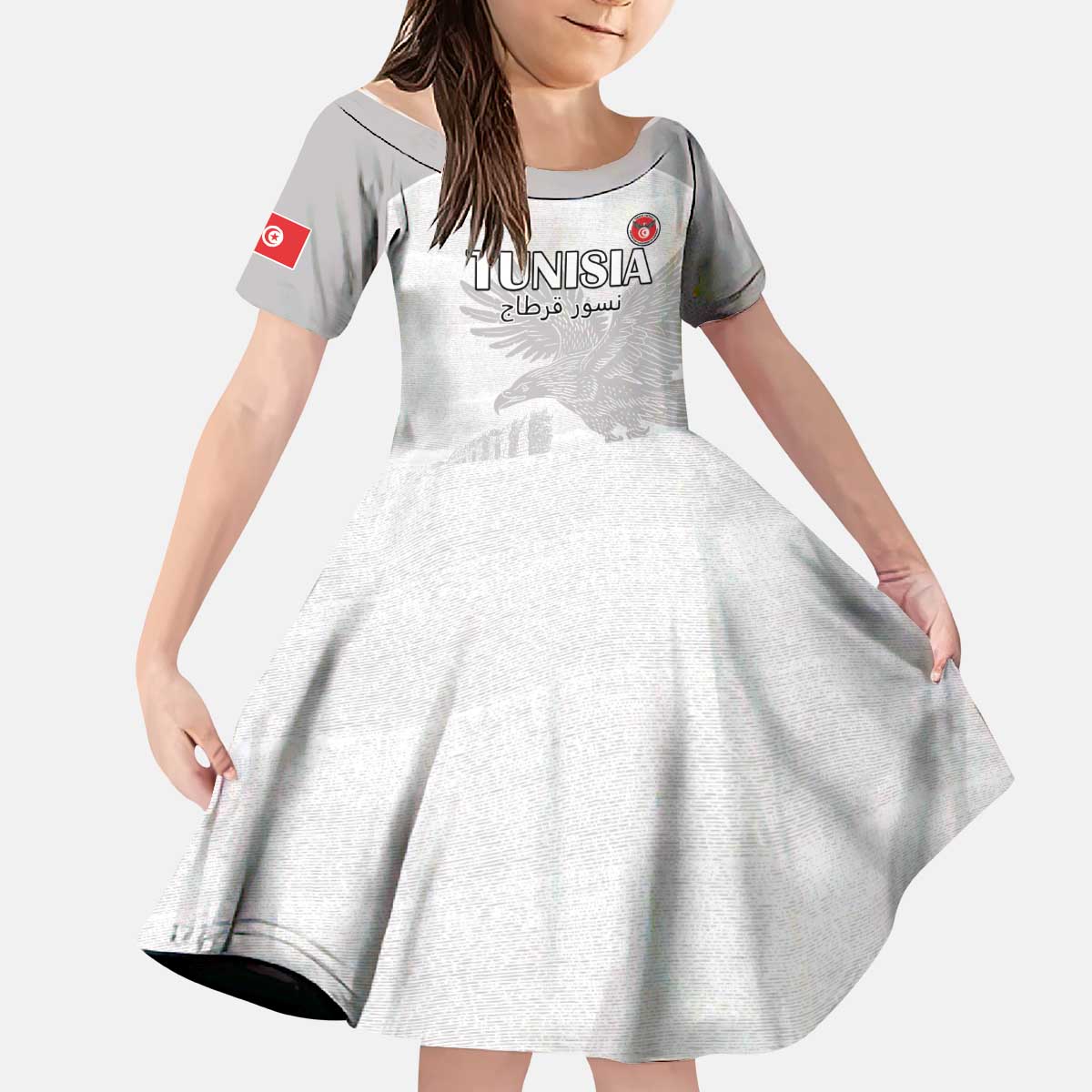 Custom Tunisia Football Kid Short Sleeve Dress White Eagles of Carthage - Wonder Print Shop